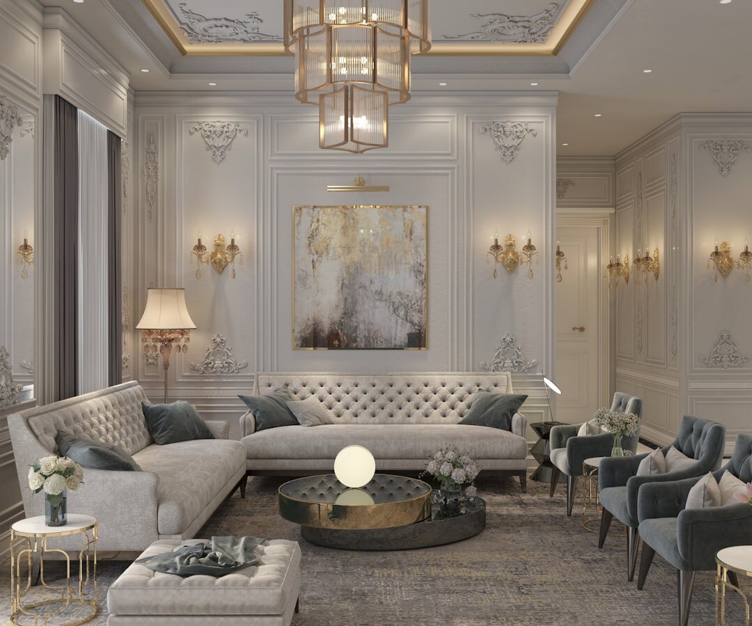 Elegant 1980s-style living room with velvet furniture and brass details